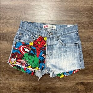 Levi's Women's Blue Denim Shorts with Marvel Comic Patchwork